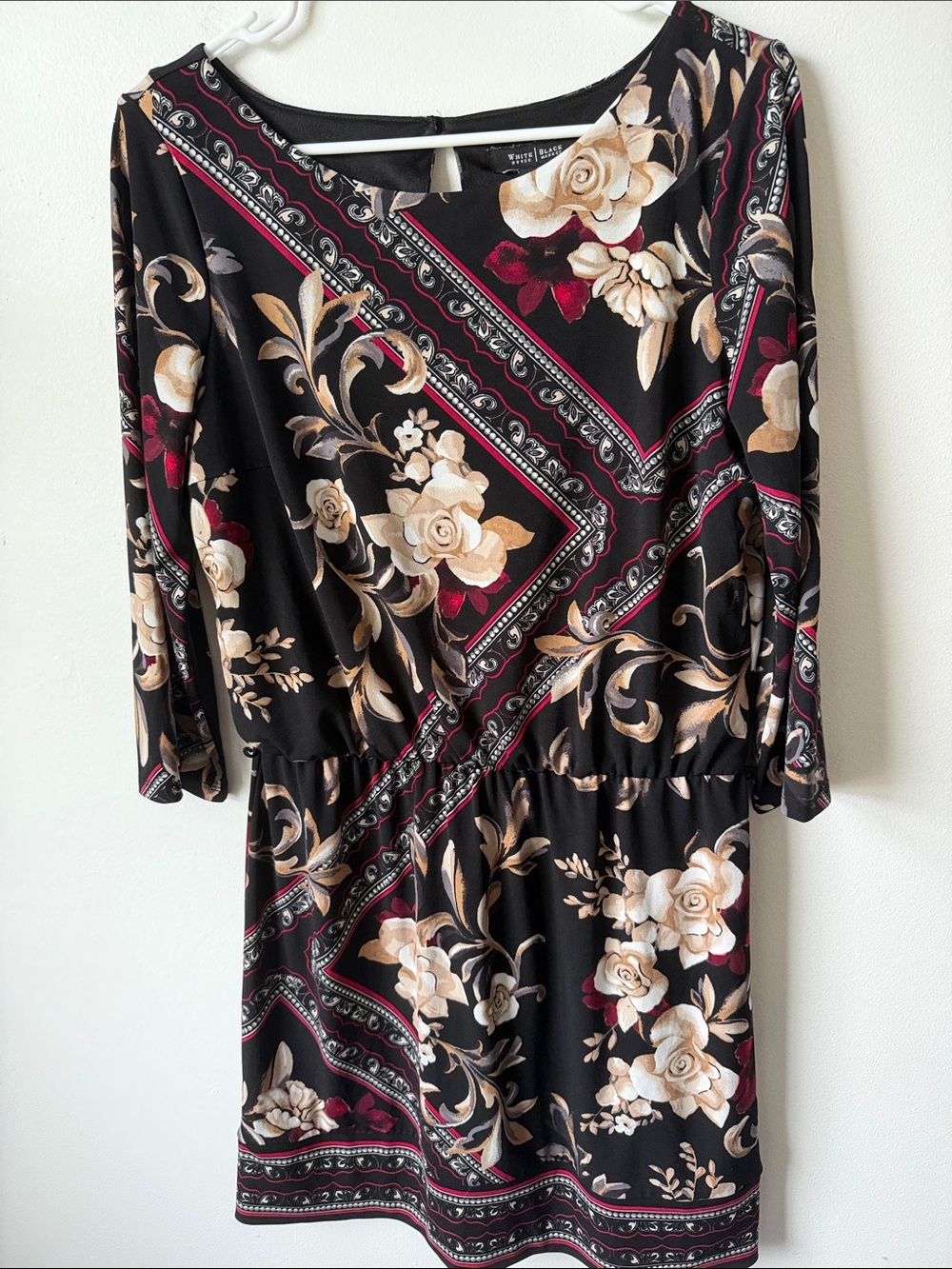 WHIT Black Floral Long-Sleeve Shift Dress with Cream Roses